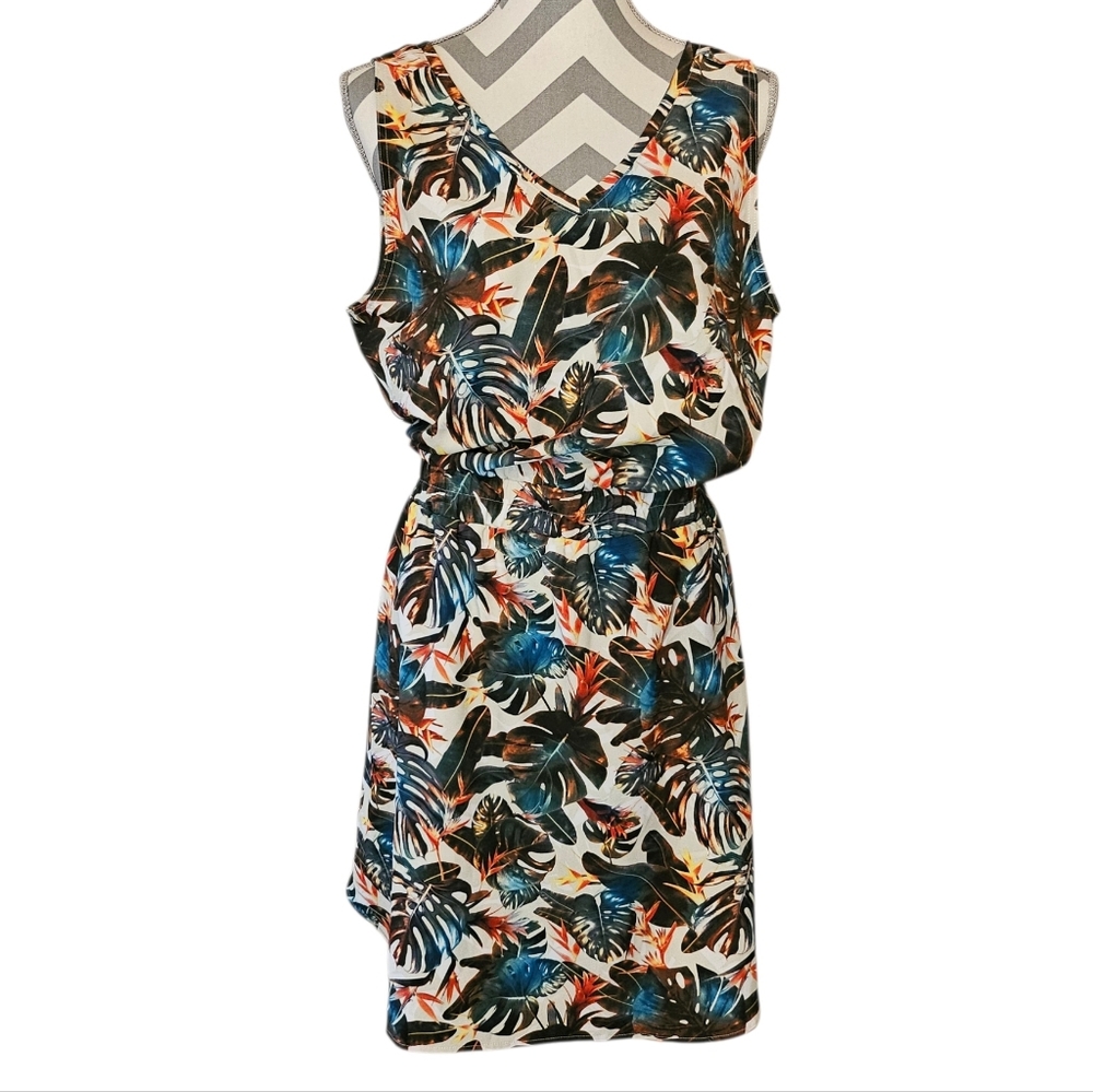 KAVU Tropical Print Active Stretch V-Neck Travel Summer‎ Dress Pockets Size Lg
